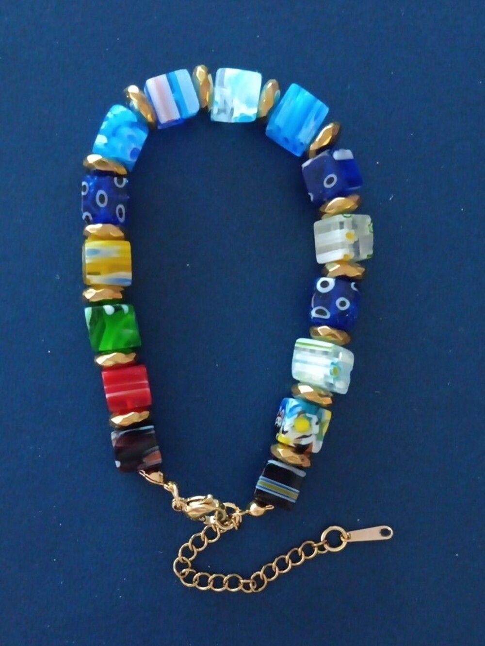 Multicolor Glass Cube Bead Bracelet Gold Accents New!